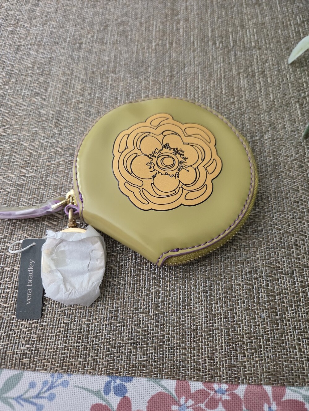 Vera Bradley Olive Yellow Floral Round Zip Coin Purse